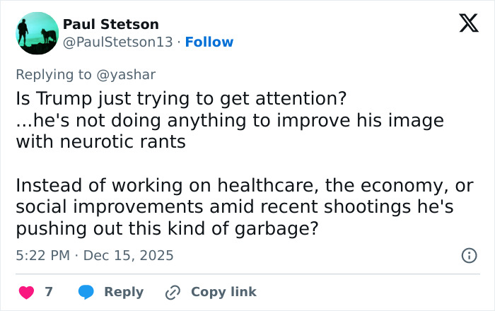 Tweet from Paul Stetson criticizing Trump for controversial post about Rob Reiner and wife amid political and social issues. Tweet from Paul Stetson criticizing Trump for controversial post about Rob Reiner and wife amid political and social issues.