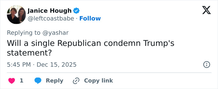 Janice Hough tweeting about Republicans condemning Trump’s controversial post involving Rob Reiner and wife TDS claim. Janice Hough tweeting about Republicans condemning Trump’s controversial post involving Rob Reiner and wife TDS claim.