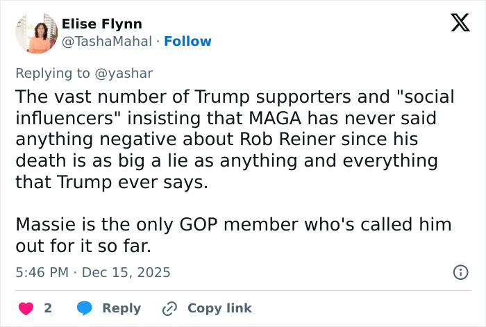 Tweet criticizing Trump supporters for false claims about Rob Reiner and GOP response to Trump’s controversial post. Tweet criticizing Trump supporters for false claims about Rob Reiner and GOP response to Trump’s controversial post.