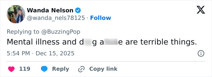 Tweet by Wanda Nelson discussing mental illness and d**g a***e, related to Rob Reiner and son Nick's fight at Christmas party.