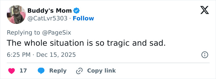Tweet text from Buddy's Mom expressing sadness over Rob Reiner and son Nick fighting at Conan O&rsquo;Brien&rsquo;s Christmas party before a fatal incident.