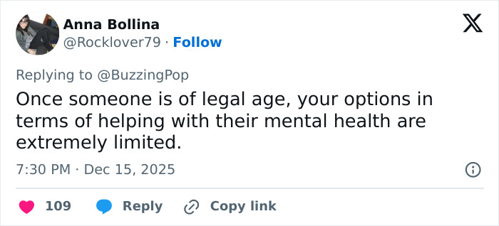 Tweet by Anna Bollina discussing limited options for helping adult mental health, related to Rob Reiner and son Nick conflict.