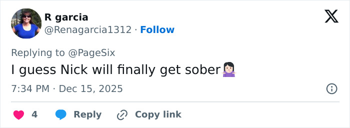 Tweet from R Garcia reacting to Nick's struggle with sobriety, related to Rob Reiner and son Nick's fight at Conan O’Brien’s party. Tweet from R Garcia reacting to Nick's struggle with sobriety, related to Rob Reiner and son Nick's fight at Conan O’Brien’s party.