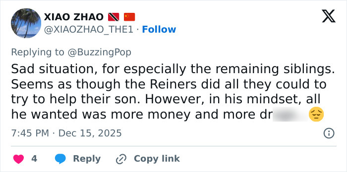 Twitter user commenting on the Reiner family situation after Rob Reiner and son Nick fought at Conan O’Brien’s party. Twitter user commenting on the Reiner family situation after Rob Reiner and son Nick fought at Conan O’Brien’s party.