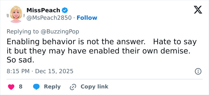 Tweet from MissPeach responding about enabling behavior related to Rob Reiner and son Nick's fight before fatal incident.