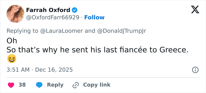 Screenshot of a tweet reacting humorously to Donald Trump Jr.'s engagement soon after breakup.