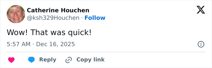Tweet by Catherine Houchen reacting to Donald Trump Jr.'s engagement soon after breakup, posted December 16, 2025.