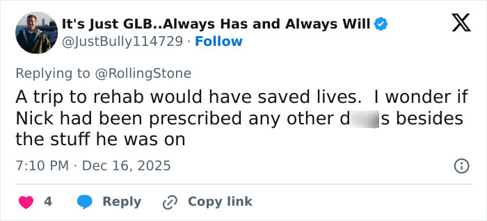 Tweet discussing rehab and prescription d***s related to Nick, replying to a Rolling Stone article about Rob Reiner’s son at Conan O’Brien’s party. Tweet discussing rehab and prescription d***s related to Nick, replying to a Rolling Stone article about Rob Reiner’s son at Conan O’Brien’s party.