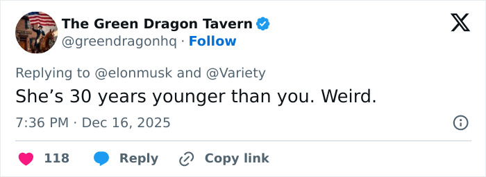 Tweet from The Green Dragon Tavern replying to Elon Musk about Sydney Sweeney’s chest, calling the comment weird and sparking online frenzy. Tweet from The Green Dragon Tavern replying to Elon Musk about Sydney Sweeney’s chest, calling the comment weird and sparking online frenzy.