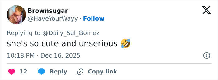 Tweet from Brownsugar replying to Selena Gomez fan account, commenting on Selena Gomez mustache shaving with a laughing emoji. Tweet from Brownsugar replying to Selena Gomez fan account, commenting on Selena Gomez mustache shaving with a laughing emoji.