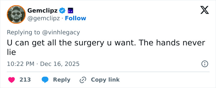 Social media post referencing the hands never lie phrase related to Kris Jenner’s viral $100k facelift discussion. Social media post referencing the hands never lie phrase related to Kris Jenner’s viral $100k facelift discussion.