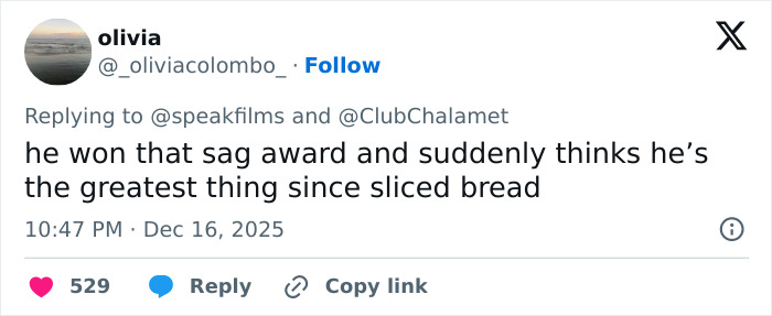 Tweet criticizing Timoth&eacute;e Chalamet&rsquo;s arrogance and behavior after winning a SAG award, sparking backlash online.