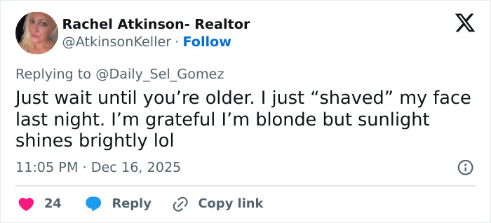 Tweet from Rachel Atkinson discussing shaving facial hair and gratitude for blonde hair shining in sunlight. Tweet from Rachel Atkinson discussing shaving facial hair and gratitude for blonde hair shining in sunlight.