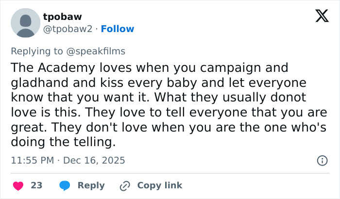 Screenshot of a tweet criticizing Timoth&eacute;e Chalamet's arrogance following an embarrassing interview controversy.
