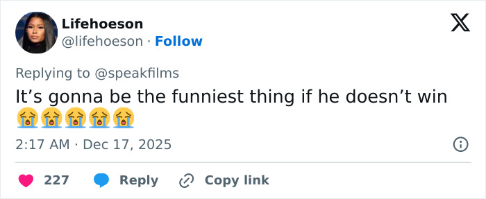 Tweet from user Lifehoeson reacting to Timoth&eacute;e Chalamet&rsquo;s interview amid backlash over perceived arrogance.