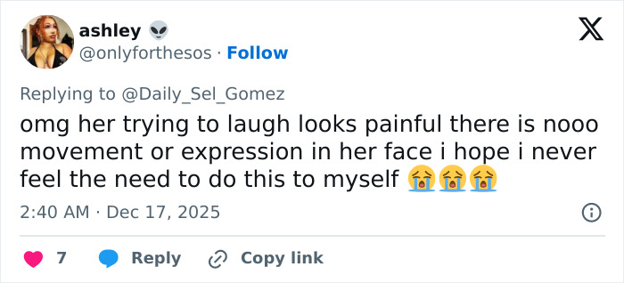 Tweet from fan reacting emotionally to Selena Gomez's response about how she shaves her mustache. Tweet from fan reacting emotionally to Selena Gomez's response about how she shaves her mustache.