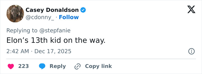 Screenshot of a tweet referencing Elon Musk’s comment, showing a reply about his family news on social media. Screenshot of a tweet referencing Elon Musk’s comment, showing a reply about his family news on social media.