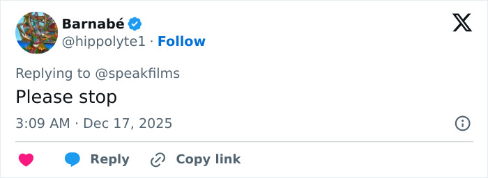 Tweet from Barnab&eacute; on social media reading please stop in response to a discussion about Timoth&eacute;e Chalamet arrogance.