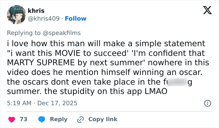 Tweet criticizing Timoth&eacute;e Chalamet for perceived arrogance and embarrassment following an interview about a movie.