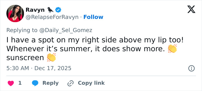 Tweet reply discussing a spot above the lip and mentioning summer and sunscreen related to Selena Gomez mustache. Tweet reply discussing a spot above the lip and mentioning summer and sunscreen related to Selena Gomez mustache.