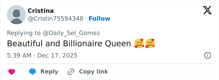 Tweet from a fan praising Selena Gomez as a beautiful and billionaire queen in response to her mustache shaving discussion. Tweet from a fan praising Selena Gomez as a beautiful and billionaire queen in response to her mustache shaving discussion.