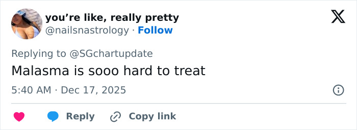 Tweet from user @nailsnastrology reading Malasma is sooo hard to treat, posted December 17, 2025 about Selena Gomez mustache shaving. Tweet from user @nailsnastrology reading Malasma is sooo hard to treat, posted December 17, 2025 about Selena Gomez mustache shaving.