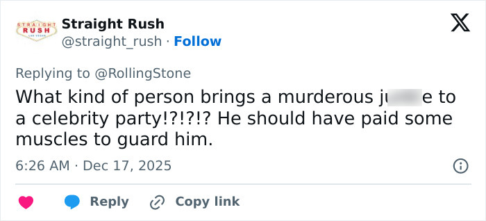 Screenshot of a tweet discussing a controversial question asked by Rob Reiner's son at Conan O'Brien's celebrity party. Screenshot of a tweet discussing a controversial question asked by Rob Reiner's son at Conan O'Brien's celebrity party.