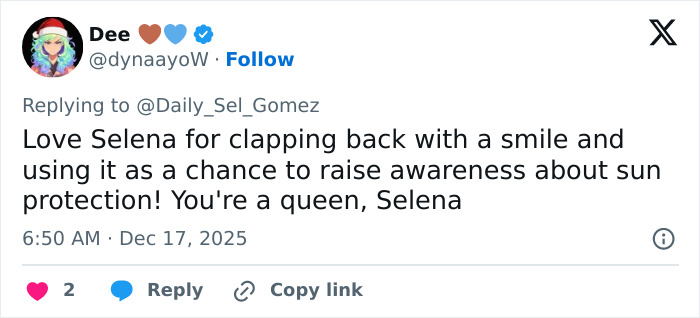 Screenshot of a tweet praising Selena Gomez for her witty response about shaving her mustache and promoting sun protection awareness. Screenshot of a tweet praising Selena Gomez for her witty response about shaving her mustache and promoting sun protection awareness.