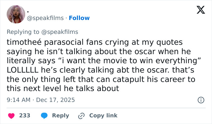 Tweet discussing Timoth&eacute;e Chalamet's perceived arrogance and controversy over his comments about Oscar success in an interview.