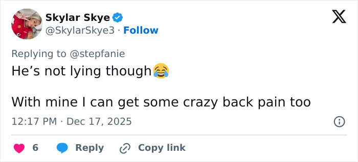 Tweet by Skylar Skye responding to back pain comments, linked to Elon Musk’s weird comment about Sydney Sweeney’s chest online frenzy. Tweet by Skylar Skye responding to back pain comments, linked to Elon Musk’s weird comment about Sydney Sweeney’s chest online frenzy.