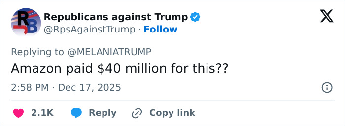 Tweet from Republicans against Trump criticizing Melania Trump’s new documentary and its $40 million Amazon deal. Tweet from Republicans against Trump criticizing Melania Trump’s new documentary and its $40 million Amazon deal.
