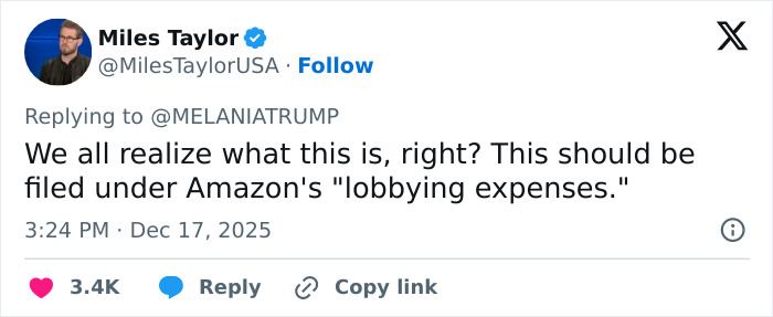 Tweet from Miles Taylor criticizing Melania Trump’s new documentary, mentioning Amazon’s lobbying expenses. Tweet from Miles Taylor criticizing Melania Trump’s new documentary, mentioning Amazon’s lobbying expenses.