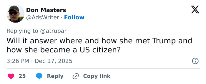 Screenshot of a social media comment questioning details about Melania Trump's new documentary and her citizenship. Screenshot of a social media comment questioning details about Melania Trump's new documentary and her citizenship.