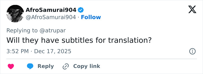 Tweet screenshot showing user AfroSamurai904 asking if Melania Trump’s new documentary will have subtitles for translation. Tweet screenshot showing user AfroSamurai904 asking if Melania Trump’s new documentary will have subtitles for translation.