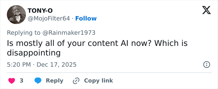 Screenshot of a tweet expressing disappointment about mostly AI-generated content in 2025 online discussions.