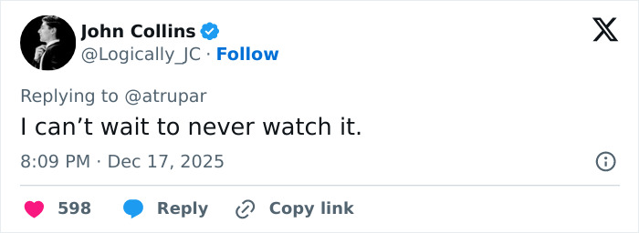Tweet from John Collins expressing he can’t wait to not watch Melania Trump’s new documentary, posted in 2025. Tweet from John Collins expressing he can’t wait to not watch Melania Trump’s new documentary, posted in 2025.