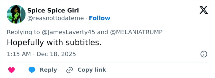 User comment on social media about Melania Trump new documentary, expressing hope for subtitles. User comment on social media about Melania Trump new documentary, expressing hope for subtitles.