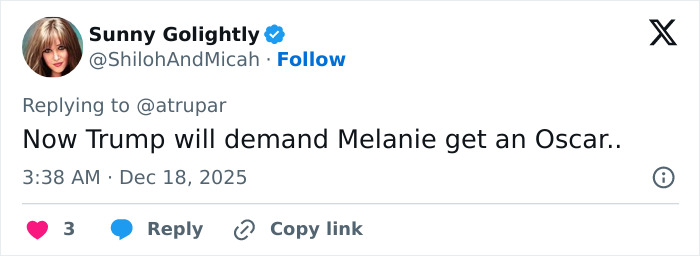 Screenshot of a tweet reacting to Melania Trump’s new documentary, mentioning Oscar demands and public opinions. Screenshot of a tweet reacting to Melania Trump’s new documentary, mentioning Oscar demands and public opinions.