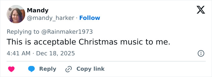 User tweet praising Mongolian Jingle Bells as acceptable Christmas music in 2025, referencing throat singing viral anthem. User tweet praising Mongolian Jingle Bells as acceptable Christmas music in 2025, referencing throat singing viral anthem.