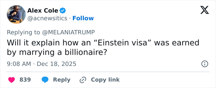 User tweet questioning how an Einstein visa was earned by marrying a billionaire amid Melania Trump documentary discussion. User tweet questioning how an Einstein visa was earned by marrying a billionaire amid Melania Trump documentary discussion.