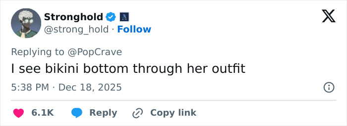 Social media user commenting on Ice Spice's see-through dress revealing a bikini bottom, sparking fan outrage. Social media user commenting on Ice Spice's see-through dress revealing a bikini bottom, sparking fan outrage.