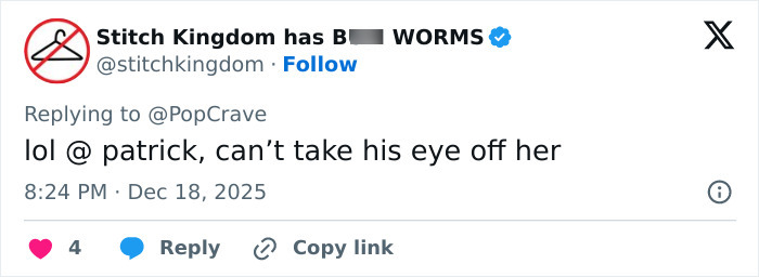 Tweet from Stitch Kingdom responding to PopCrave, commenting on Patrick’s reaction to Ice Spice’s see-through dress. Tweet from Stitch Kingdom responding to PopCrave, commenting on Patrick’s reaction to Ice Spice’s see-through dress.