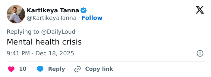 Screenshot of a tweet from Kartikeya Tanna posted on December 18, 2025, mentioning mental health crisis.