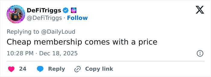 Tweet by DeFiTriggs replying to DailyLoud with the text Cheap membership comes with a price, referencing Miami gym Karen incident.