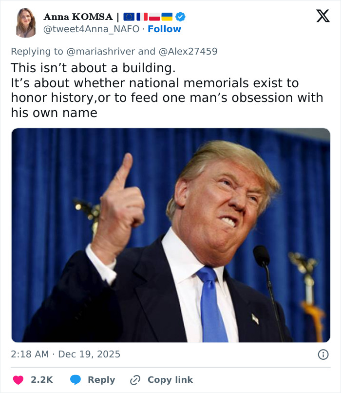 Former President Trump making a forceful gesture during a speech amid Kennedy Center renaming controversy.