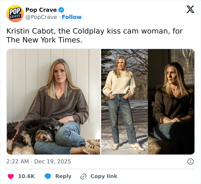 HR exec Kristin Cabot in casual outfits featured in three photos, linked to Coldplay kiss cam and social media controversy.