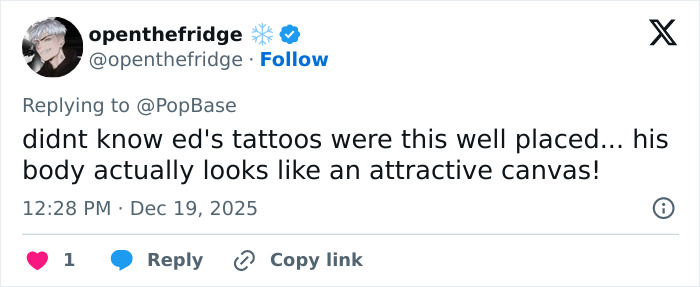 Twitter user praising Ed Sheeran&rsquo;s tattoos and shredded physique as an attractive canvas, sparking fitness debate.