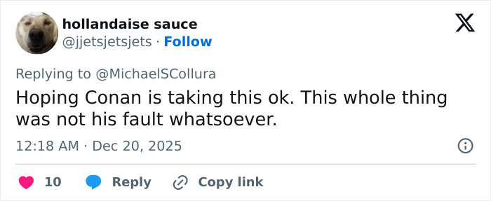 Tweet discussing Conan O&rsquo;Brien&rsquo;s involvement in stopping 911 call during Nick Reiner&rsquo;s fight with his dad at a party.