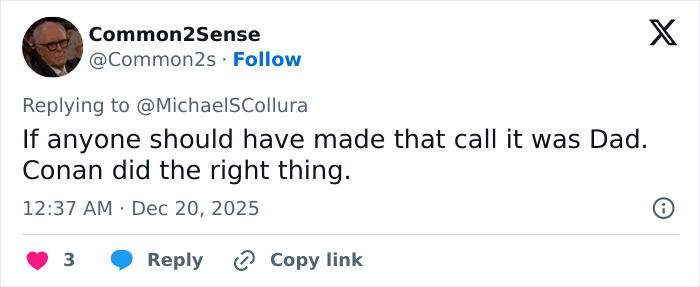 Tweet discussing Conan O’Brien stopping a 911 call during Nick Reiner’s explosive fight with his dad at a party. Tweet discussing Conan O’Brien stopping a 911 call during Nick Reiner’s explosive fight with his dad at a party.