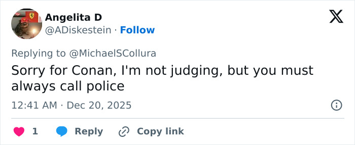 Tweet discussing Conan O’Brien stopping a 911 call amid Nick Reiner’s tense fight with his dad at a party. Tweet discussing Conan O’Brien stopping a 911 call amid Nick Reiner’s tense fight with his dad at a party.
